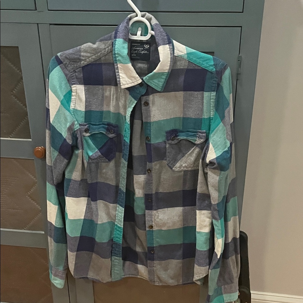 American Eagle Outfitters Blue and Green Plaid Button Down Shirt
